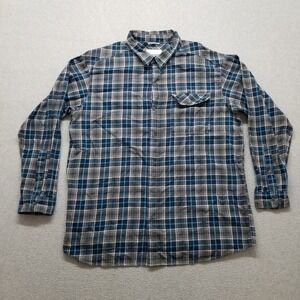 Columbia Shirt Mens XXL Brown Blue Plaid Button Up Long Sleeve Pocket Omni Wick